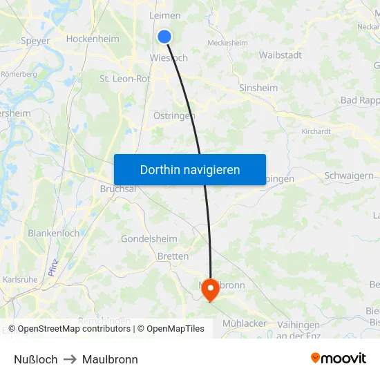 Nußloch to Maulbronn map