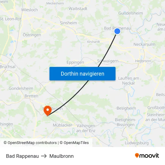 Bad Rappenau to Maulbronn map