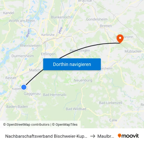 Nachbarschaftsverband Bischweier-Kuppenheim to Maulbronn map