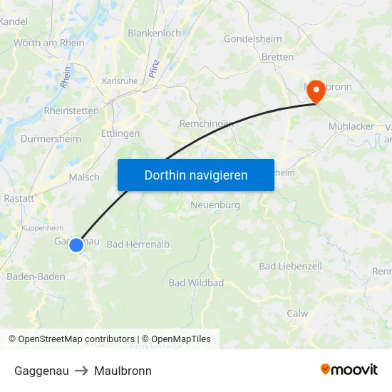 Gaggenau to Maulbronn map
