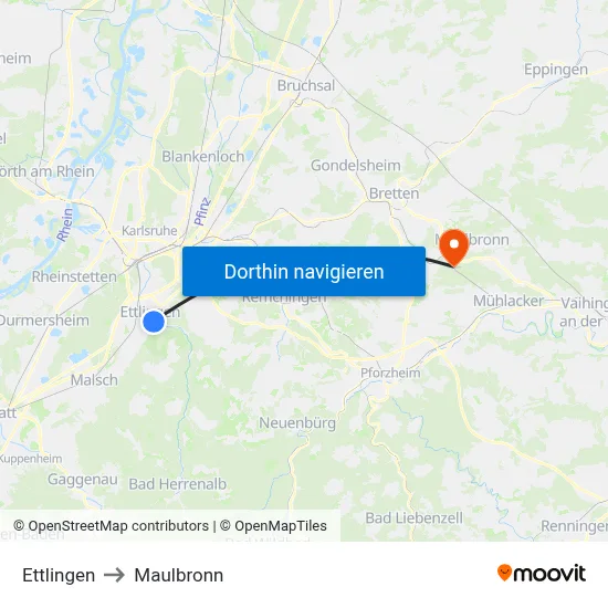 Ettlingen to Maulbronn map