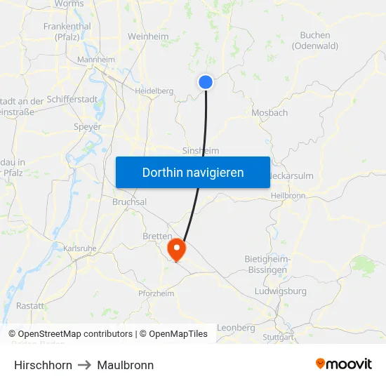 Hirschhorn to Maulbronn map
