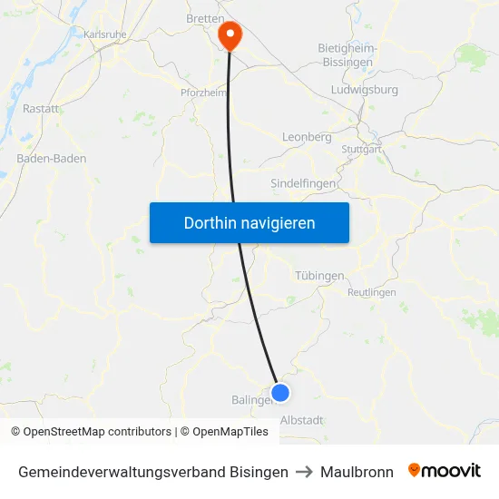 Gemeindeverwaltungsverband Bisingen to Maulbronn map