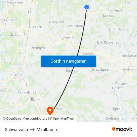 Schwarzach to Maulbronn map