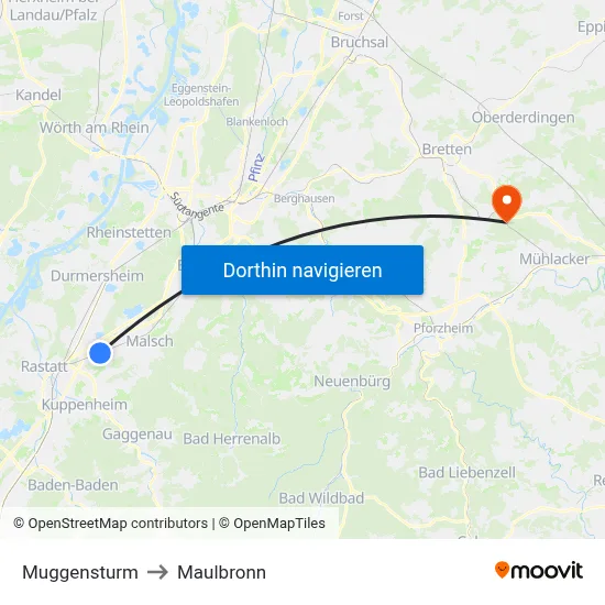 Muggensturm to Maulbronn map