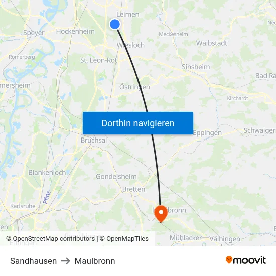 Sandhausen to Maulbronn map