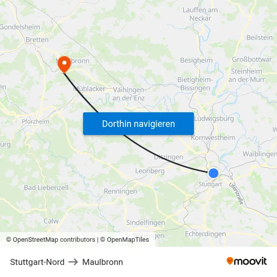Stuttgart-Nord to Maulbronn map