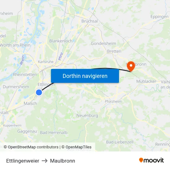 Ettlingenweier to Maulbronn map