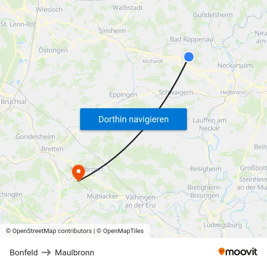 Bonfeld to Maulbronn map