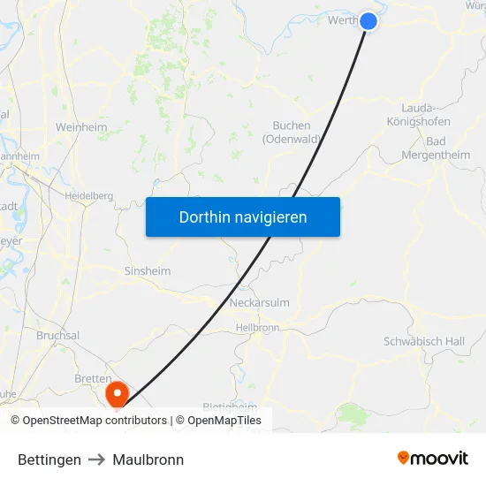 Bettingen to Maulbronn map