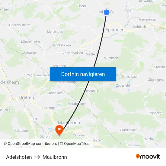 Adelshofen to Maulbronn map