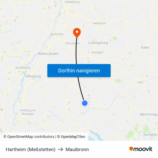 Hartheim (Meßstetten) to Maulbronn map