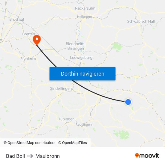 Bad Boll to Maulbronn map