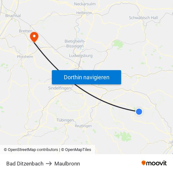 Bad Ditzenbach to Maulbronn map