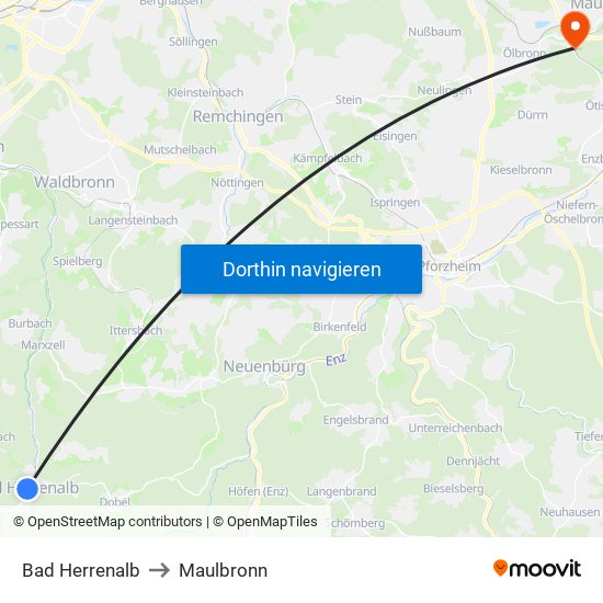 Bad Herrenalb to Maulbronn map