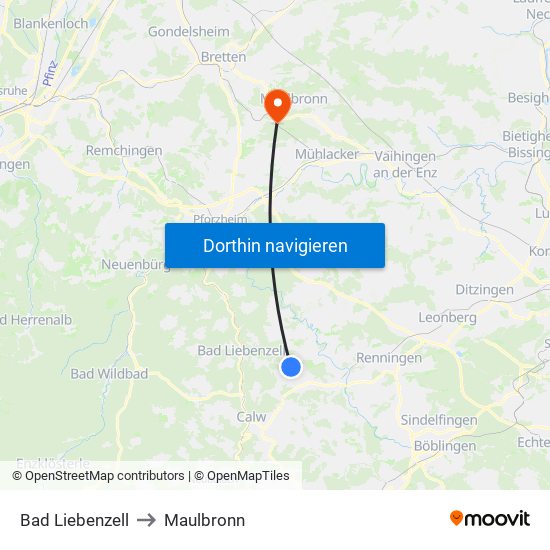 Bad Liebenzell to Maulbronn map