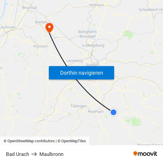 Bad Urach to Maulbronn map
