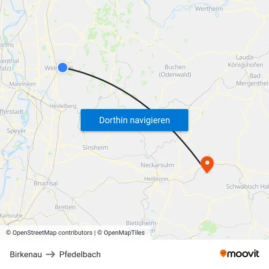 Birkenau to Pfedelbach map