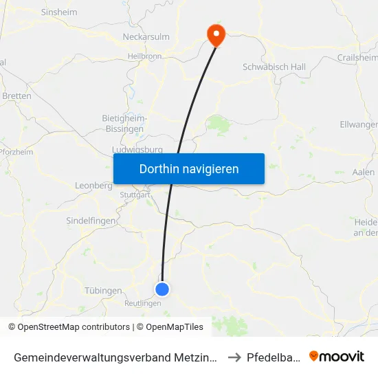 Gemeindeverwaltungsverband Metzingen to Pfedelbach map