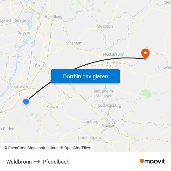 Waldbronn to Pfedelbach map