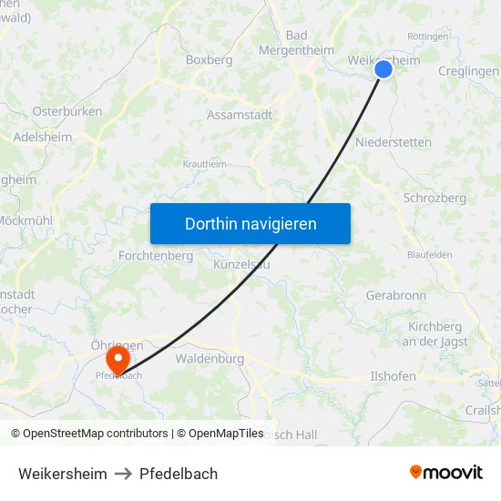 Weikersheim to Pfedelbach map