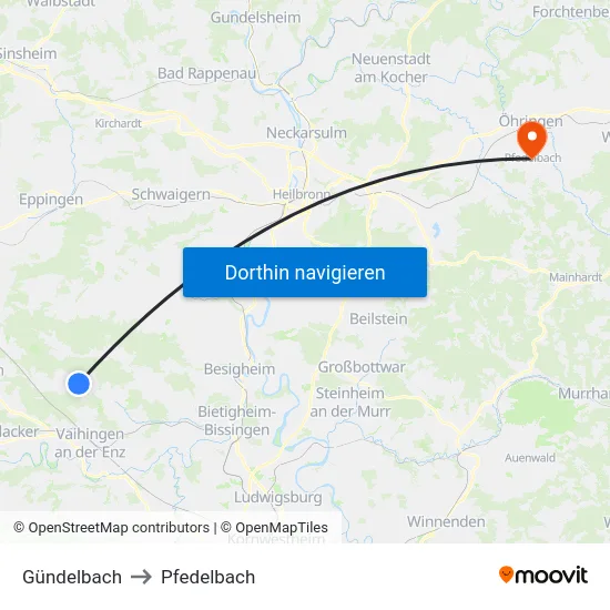 Gündelbach to Pfedelbach map