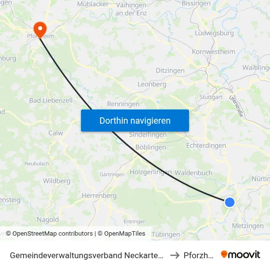 Gemeindeverwaltungsverband Neckartenzlingen to Pforzheim map