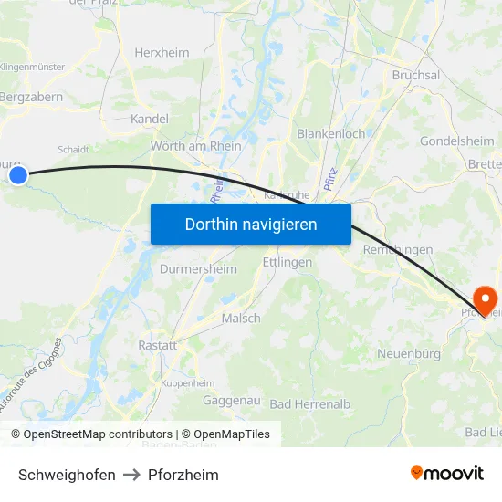 Schweighofen to Pforzheim map