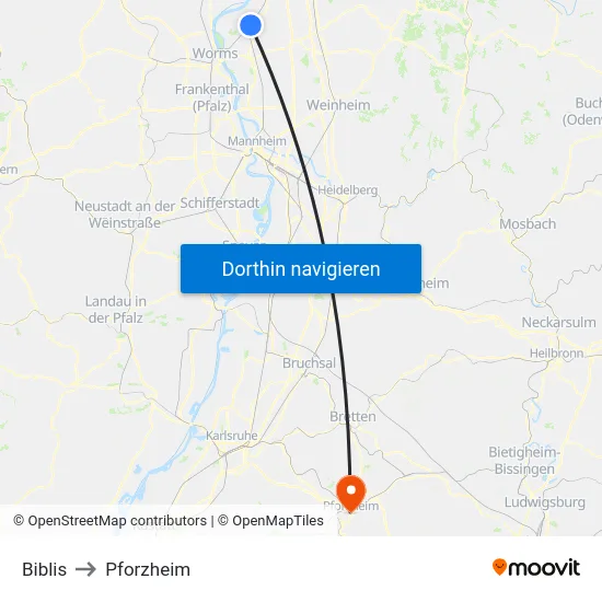 Biblis to Pforzheim map