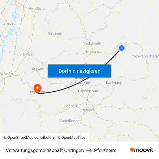 Verwaltungsgemeinschaft Öhringen to Pforzheim map