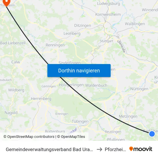 Gemeindeverwaltungsverband Bad Urach to Pforzheim map
