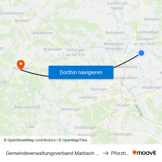 Gemeindeverwaltungsverband Marbach am Neckar to Pforzheim map