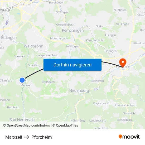 Marxzell to Pforzheim map