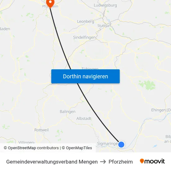 Gemeindeverwaltungsverband Mengen to Pforzheim map