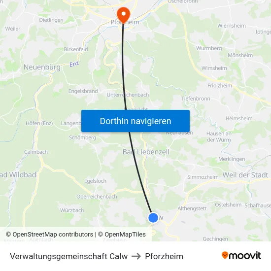 Verwaltungsgemeinschaft Calw to Pforzheim map