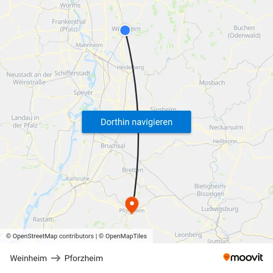 Weinheim to Pforzheim map