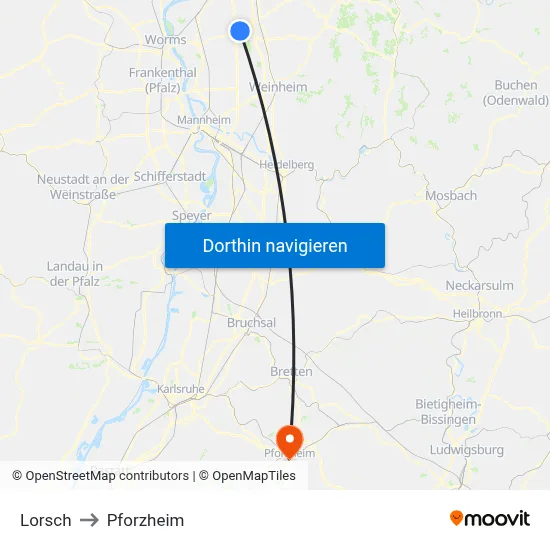 Lorsch to Pforzheim map