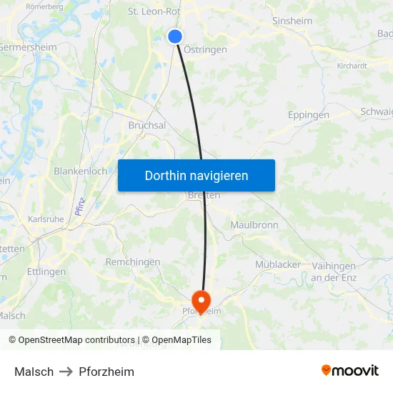 Malsch to Pforzheim map