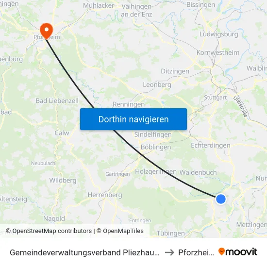 Gemeindeverwaltungsverband Pliezhausen to Pforzheim map