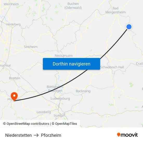 Niederstetten to Pforzheim map