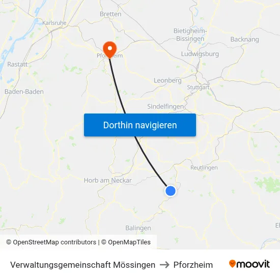 Verwaltungsgemeinschaft Mössingen to Pforzheim map