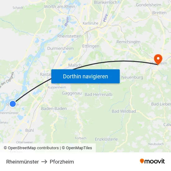 Rheinmünster to Pforzheim map