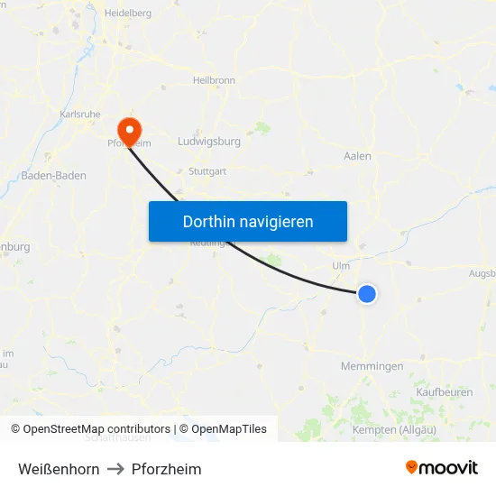 Weißenhorn to Pforzheim map