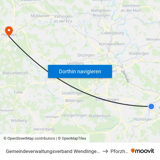 Gemeindeverwaltungsverband Wendlingen am Neckar to Pforzheim map