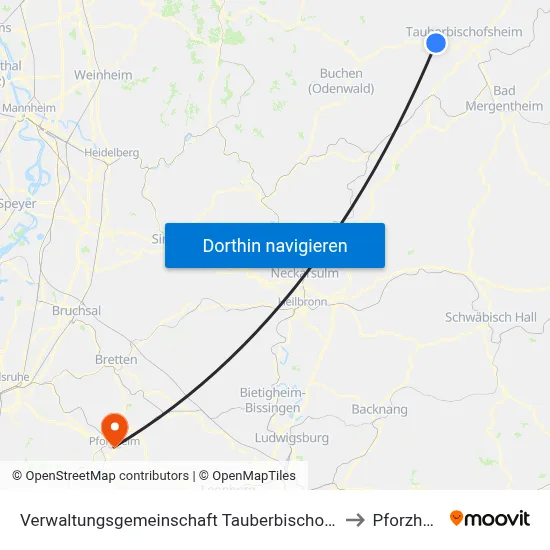 Verwaltungsgemeinschaft Tauberbischofsheim to Pforzheim map