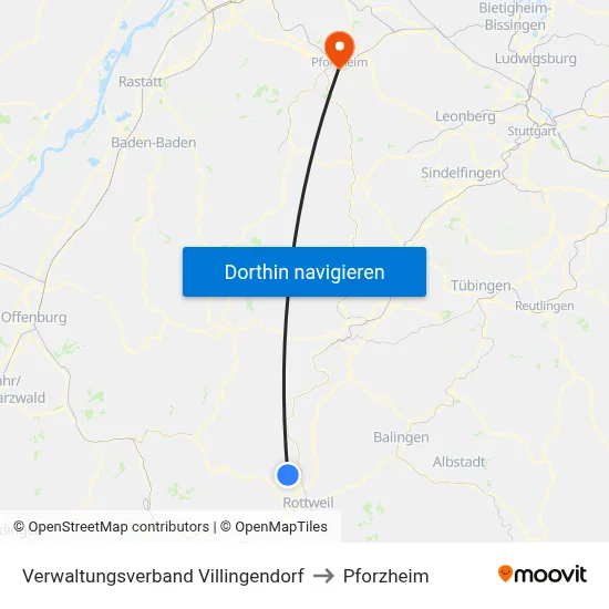 Verwaltungsverband Villingendorf to Pforzheim map
