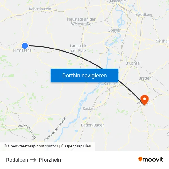 Rodalben to Pforzheim map