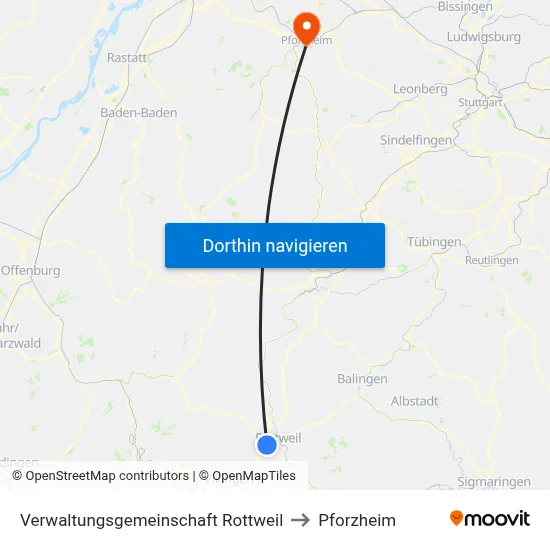 Verwaltungsgemeinschaft Rottweil to Pforzheim map