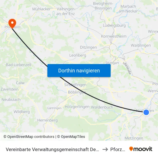 Vereinbarte Verwaltungsgemeinschaft Der Stadt Nürtingen to Pforzheim map