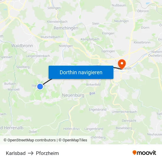 Karlsbad to Pforzheim map